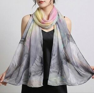 NWT Watercolor Lotus Floral Scarf Shawl Wrap Lightweight Special Event 63"x20"